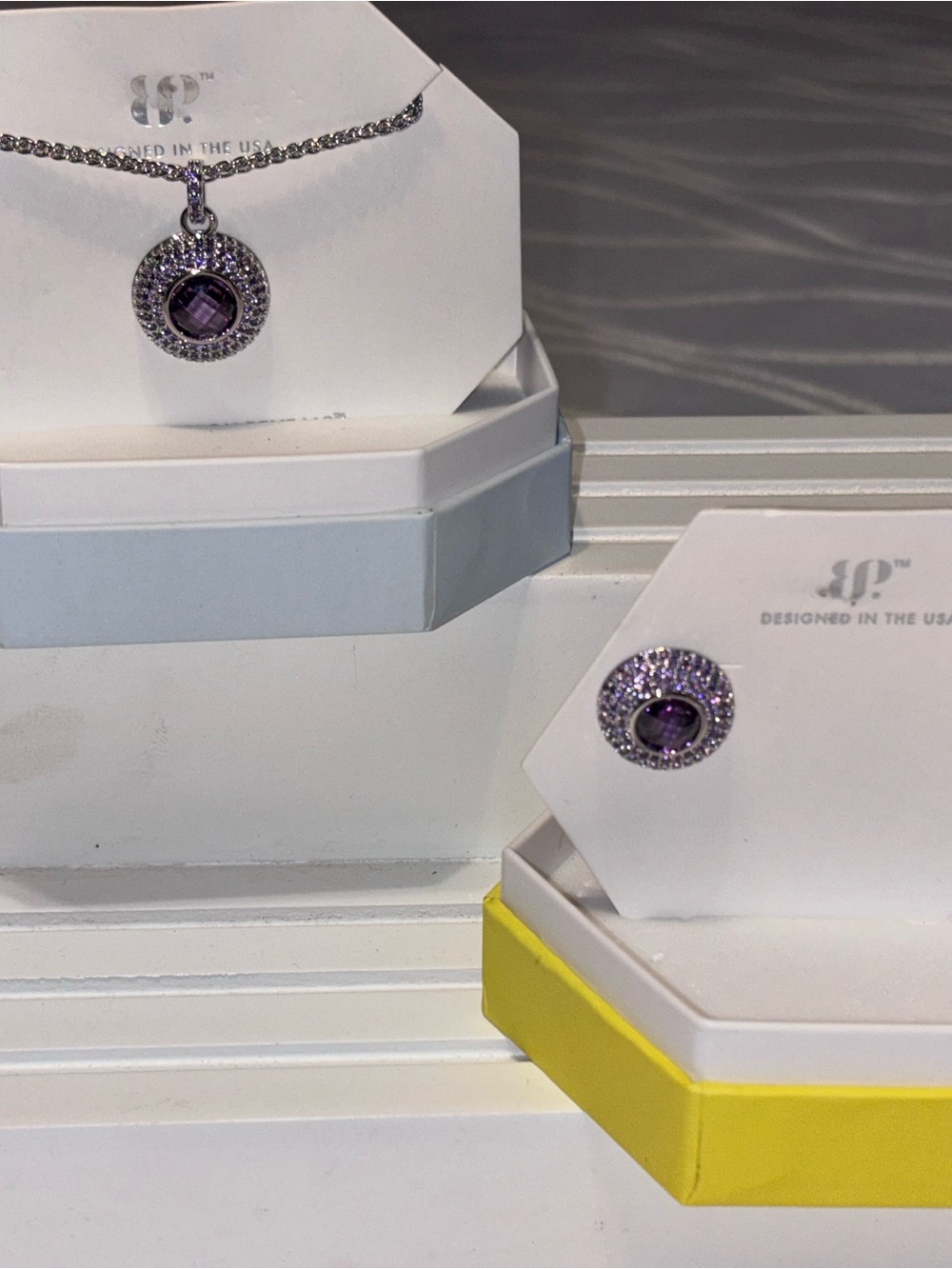 NWT Matching Necklace & Earrings Set- Silver Amethyst Halo Pendant